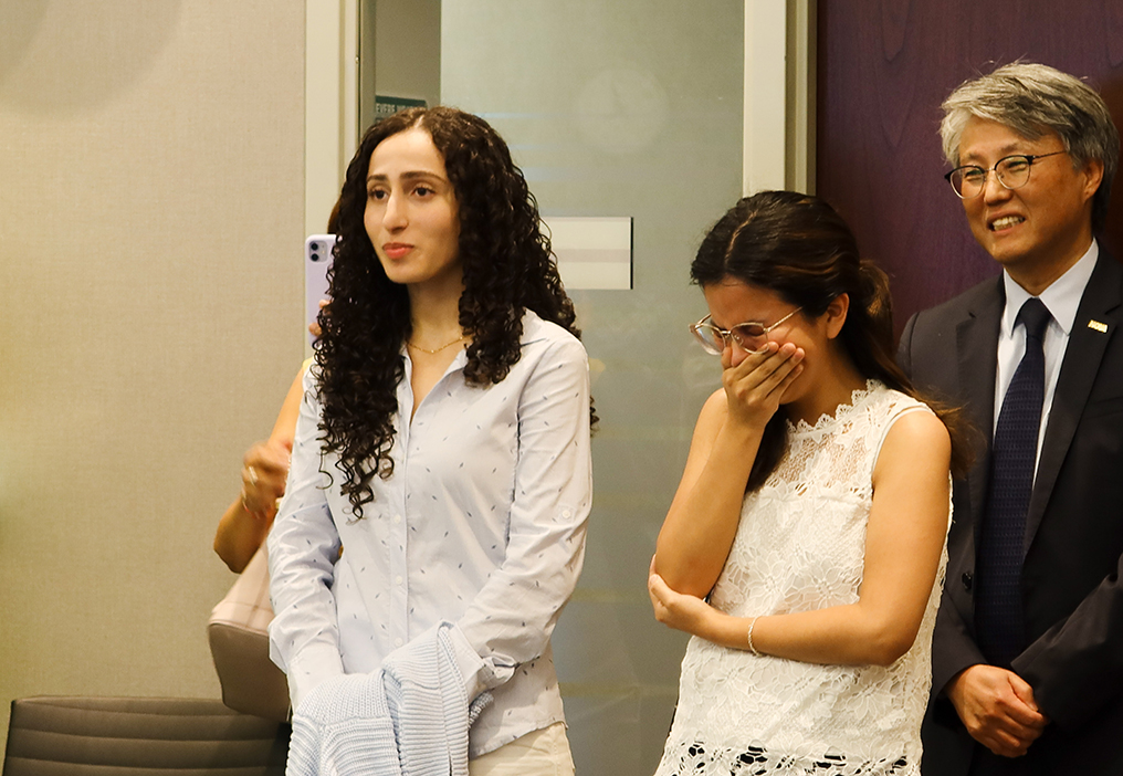 Judy Marouf, Catherine Ercilla, and Dr. Chang react as the winners are announced
