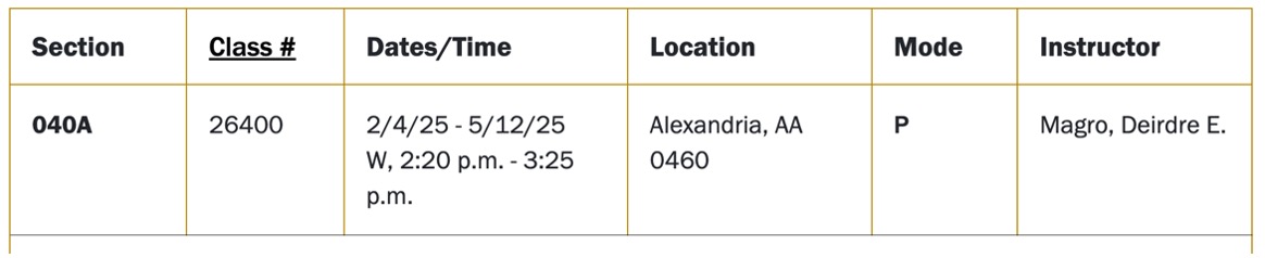 The class result from the Schedule of Class search