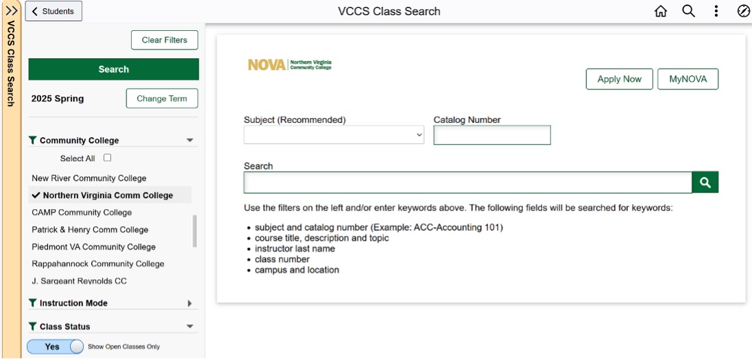 The class search interface, On the left are filters to search for a class.