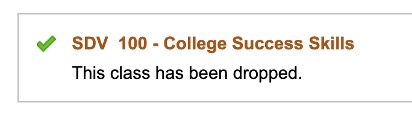 Confirmation message that class has been dropped